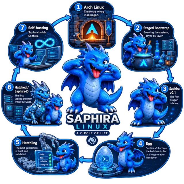 Saphira circle of life illustration culminating in Saphira v0.1, the first running Dragon