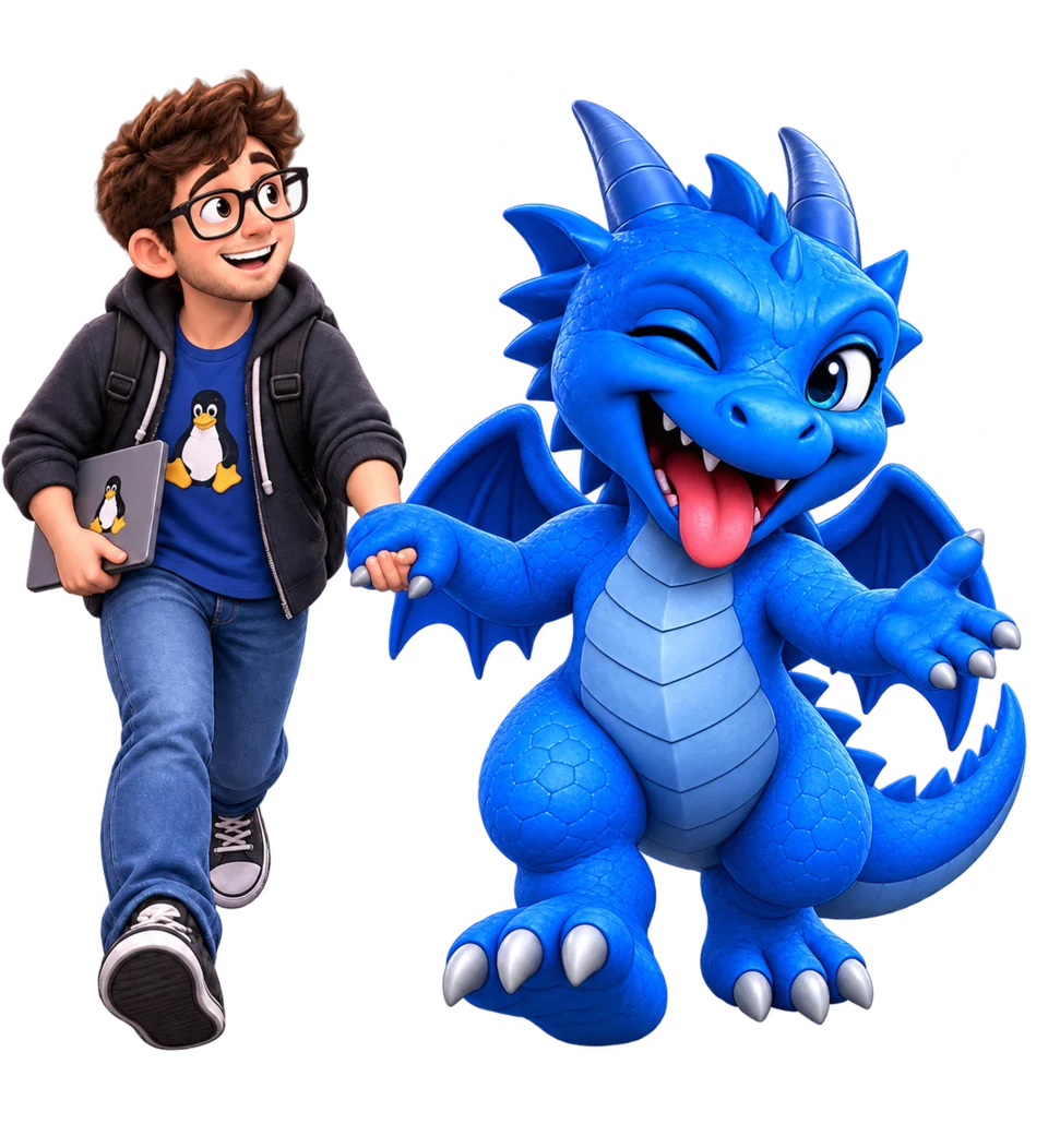 A Saphira Linux dragon holding hands with a Linux user
