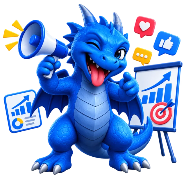 Saphira MarketingDragon waving a megaphone among marketing targets and charts