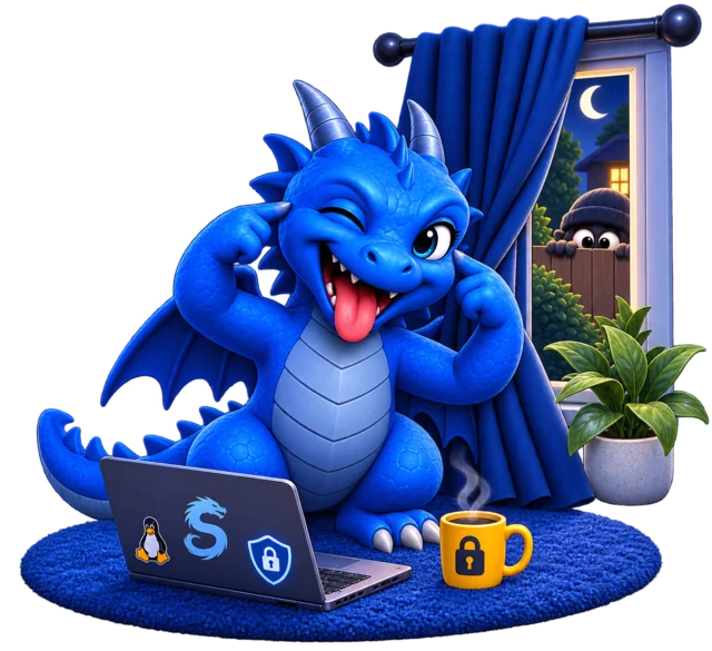 Saphira, the royal-blue dragon mascot of Saphira Linux